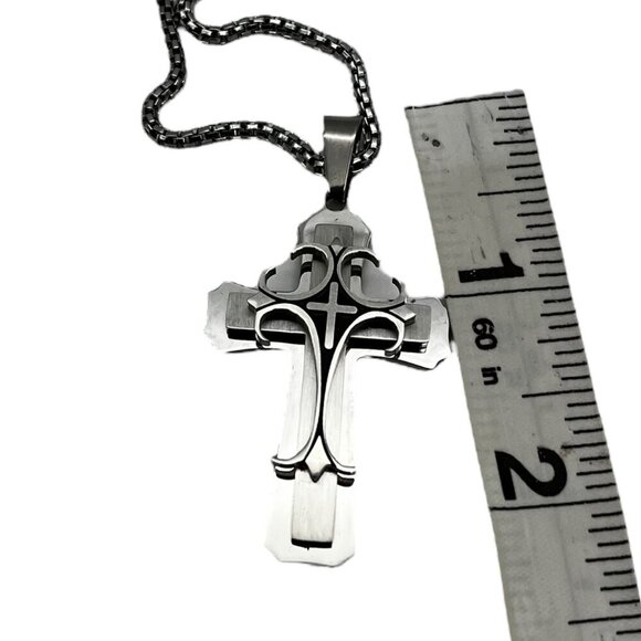 Mens Medieval Stainless Steel Cross Pendant Necklace With Box Chain - Picture 8 of 13